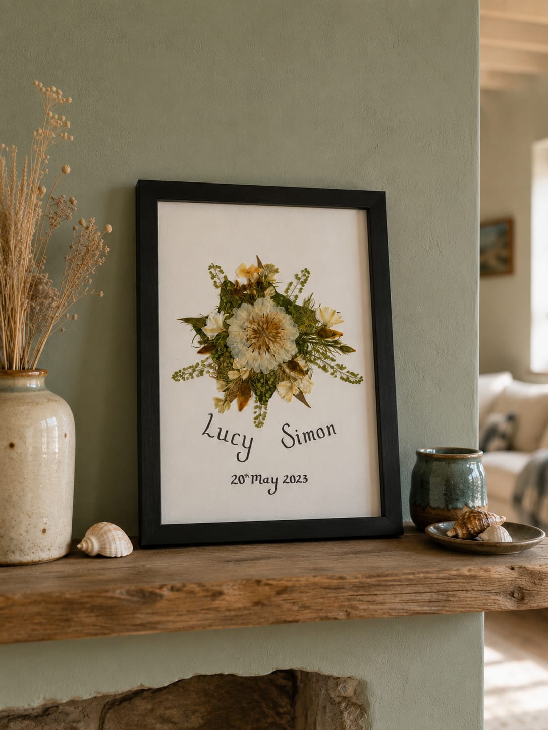 Pressed wedding bouquet preserved as floral artwork